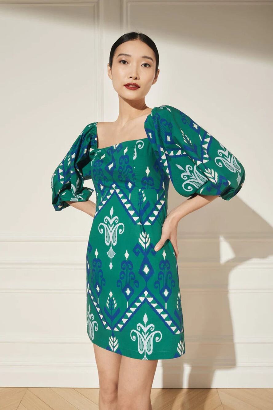 Cara Cara Montauk Puff Sleeve Mini Dress Jackson Emerald Women's Size Large